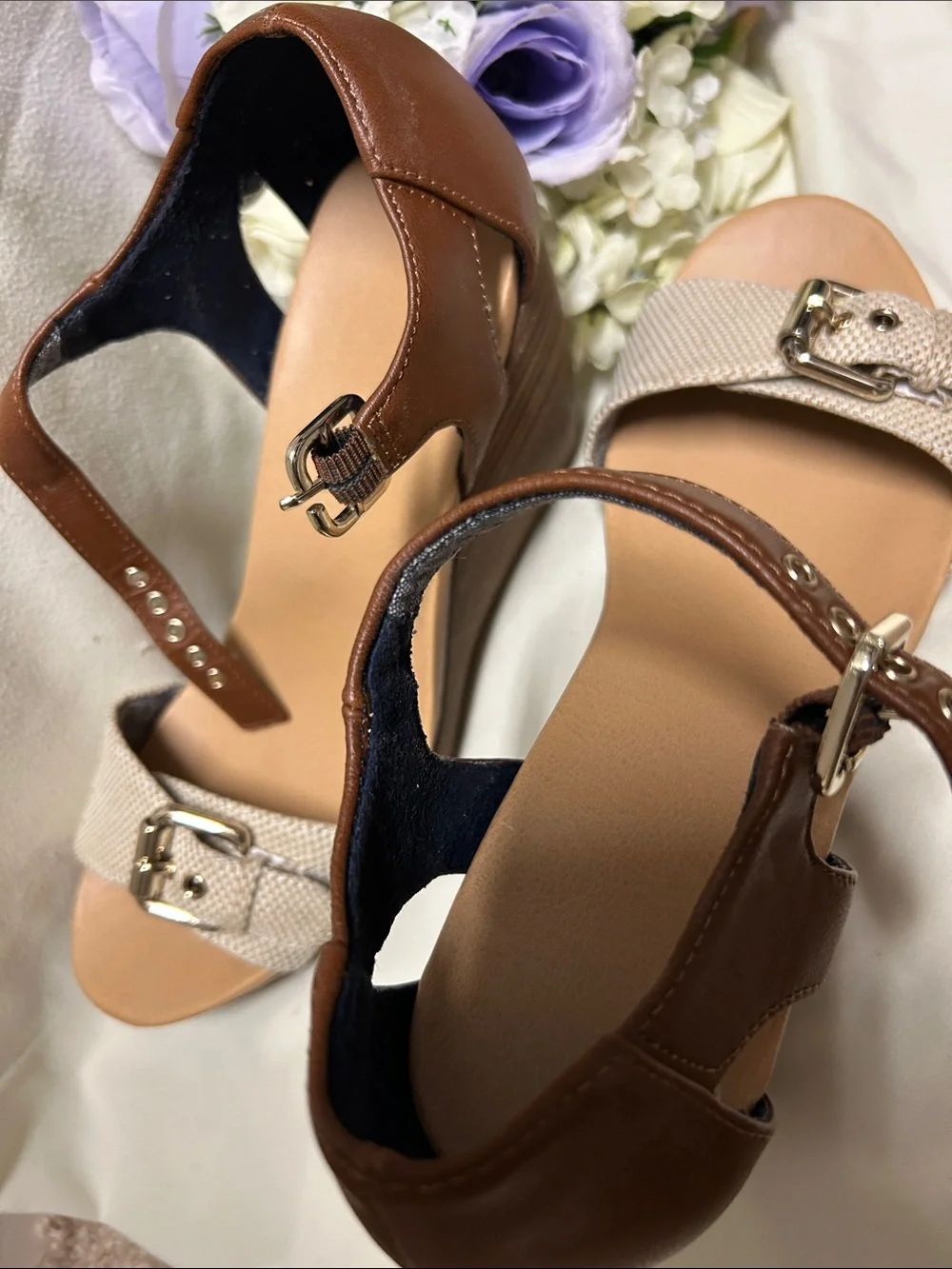 Dr. Scholl's Brown and Tan Wedge Sandals with Buckle Detail